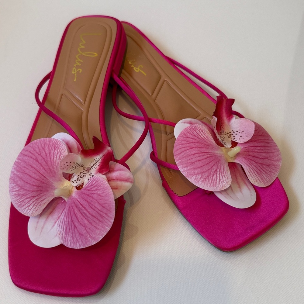 Lulus Pink Satin Orchid Sandals Size 8 Strappy Floral Slide - Picture 2 of 6
